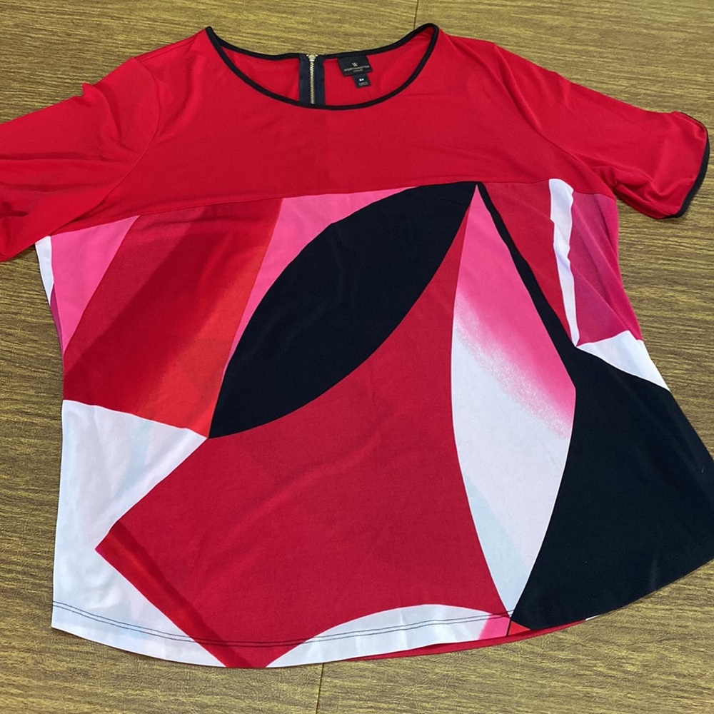 Worthington Red Abstract Stretch Zipper Back Shirt Top Blouse 2X